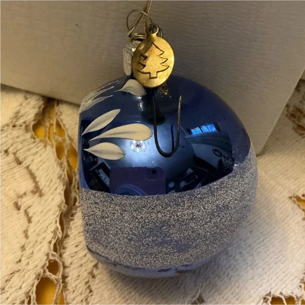 Vintage Blown Glass Hand Painted Indent Ball Ornament 2.5” Blue Silver Christmas